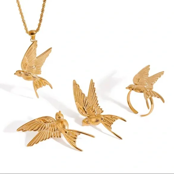 Swallow Peace Bird 18k Gold Stainless Steel Ring, Earrings, Necklace Set - Picture 3 of 17